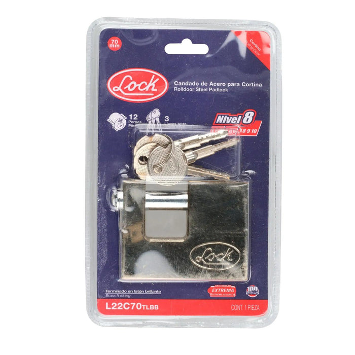 Candado acero cortina metálica 70 mm latón llave tetra Lock