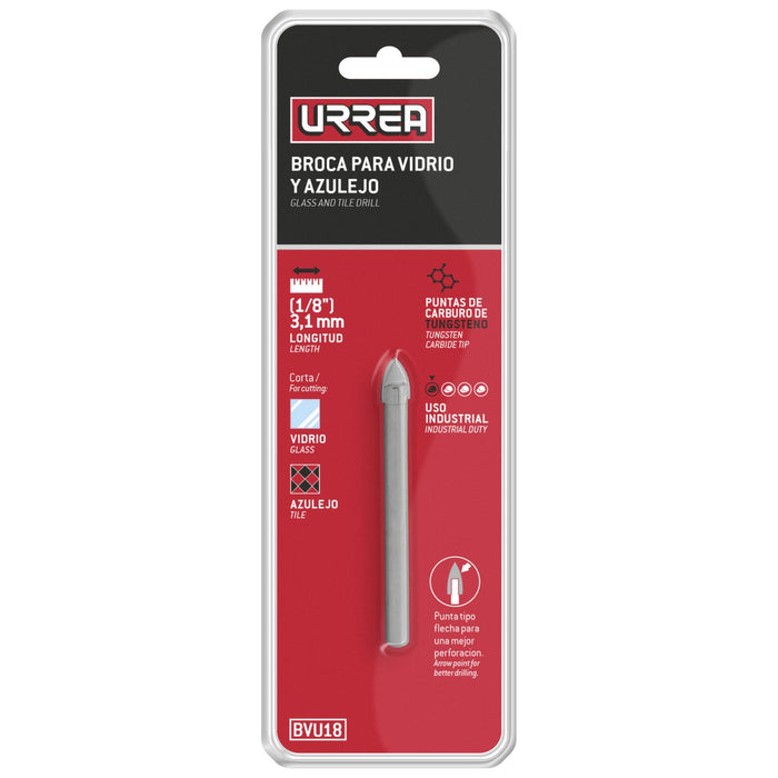 Broca para vidrios y azulejos de acero con cabeza de carburo de tungsteno 1/8" Urrea