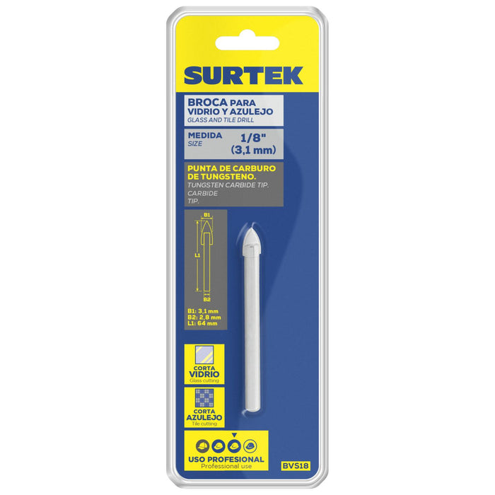 Broca para vidrios y azulejos de acero con cabeza de carburo de tungsteno 1/8" Surtek