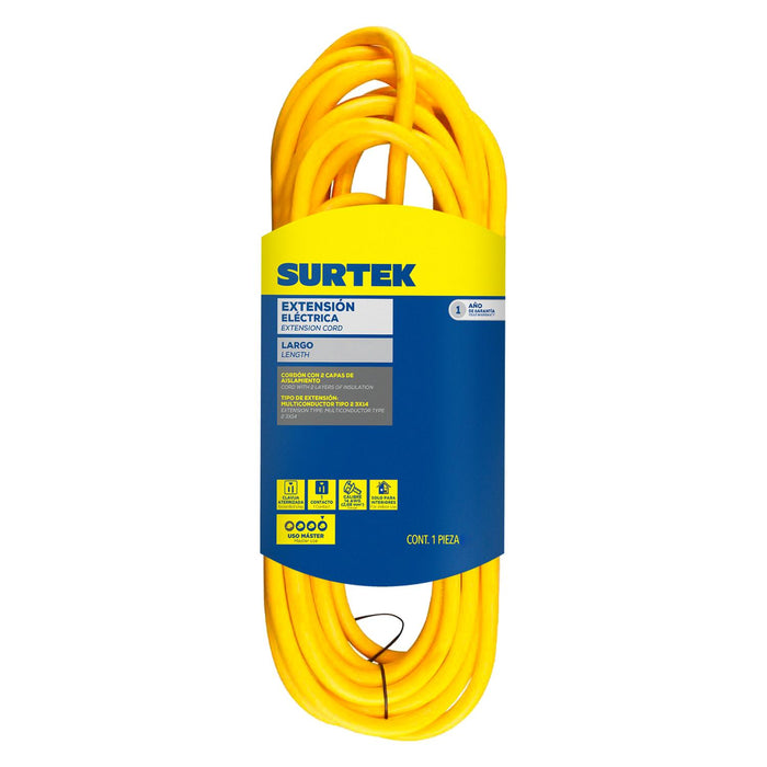 Extensión eléctrica uso extra rudo aterrizada color amarillo, 20 m Surtek