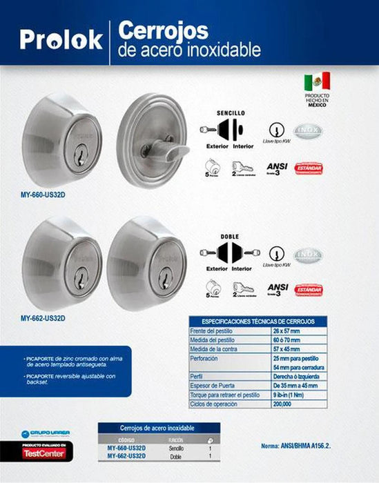 Cerrojo Sencillo Acero Inoxidable Llave Estándar Prolok