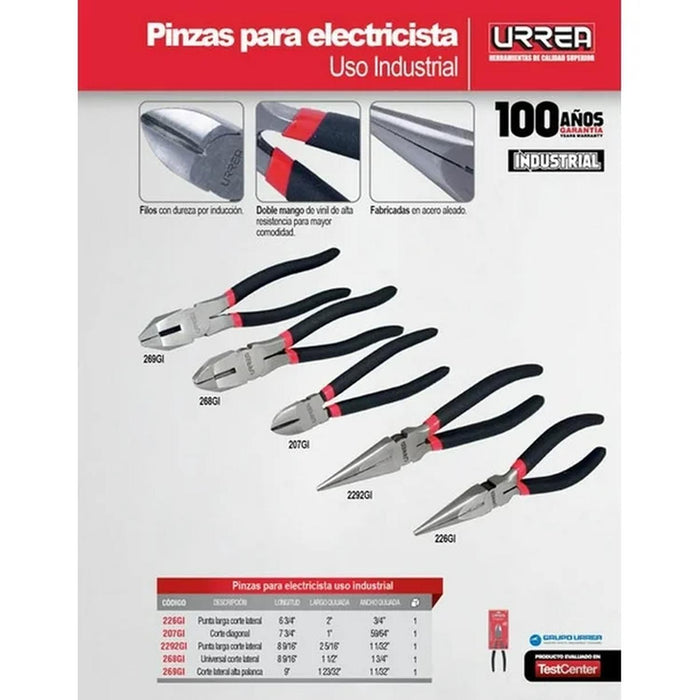 Pinza De Electricista 7 3/4 In Corte Diagonal Cable Urrea