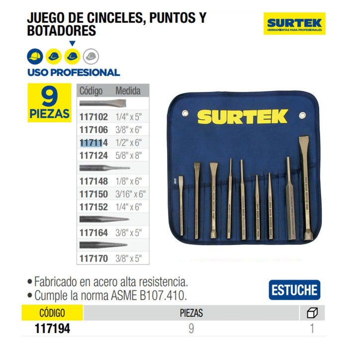 Juego de cinceles Puntos Botadores 9 Pzs Con Estuche Surtek