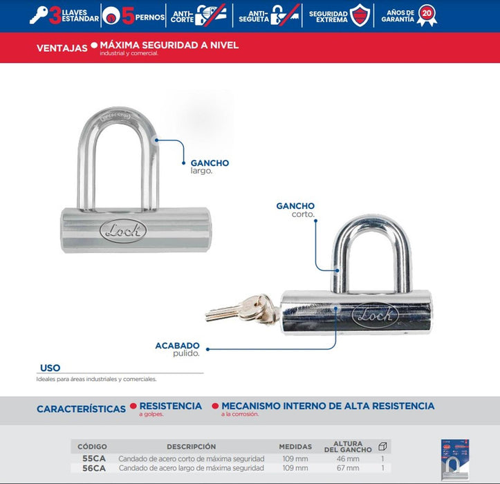 Candado Maxima Seguridad Gancho Corto Llave Estandar Lock