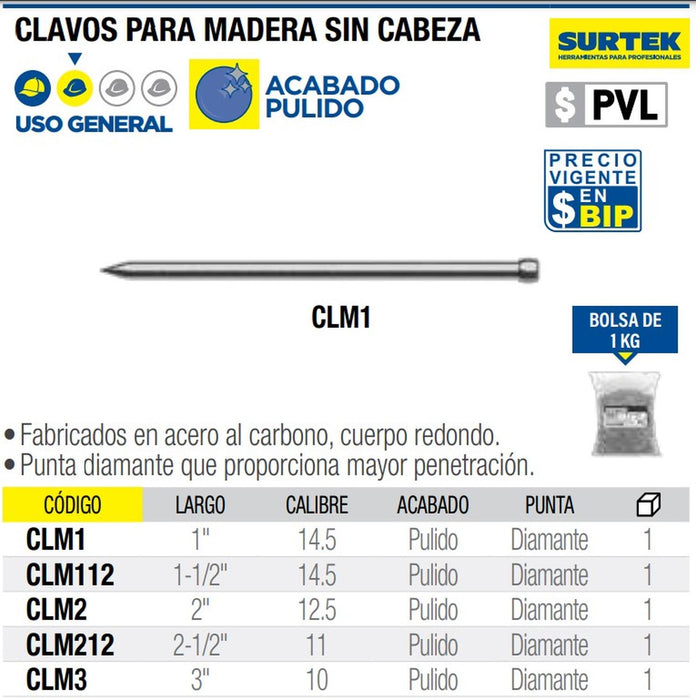 Clavo Para Madera Carpintero Sin Cabeza 3 In 1 Kg Surtek