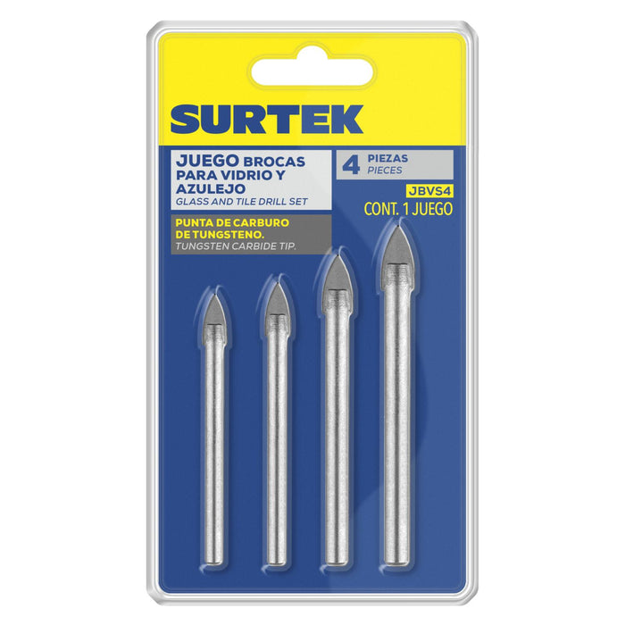 Juego de brocas para vidrios y azulejos de acero con cabeza de carburo de tungsteno, 4 pz Surtek