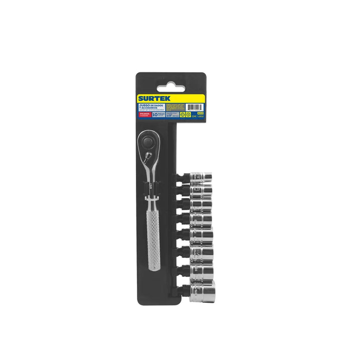 Jgo Set Dados Matraca Y Extension Cuadro 1/4In 10 Pzs Surtek